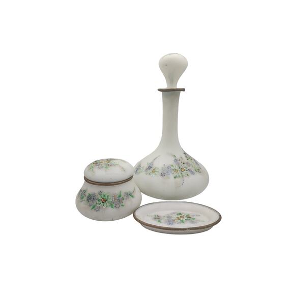 EAPG Opaline Apothecary Dresser Vanity Set - Satin Milk Glass Trinket box & Tray
